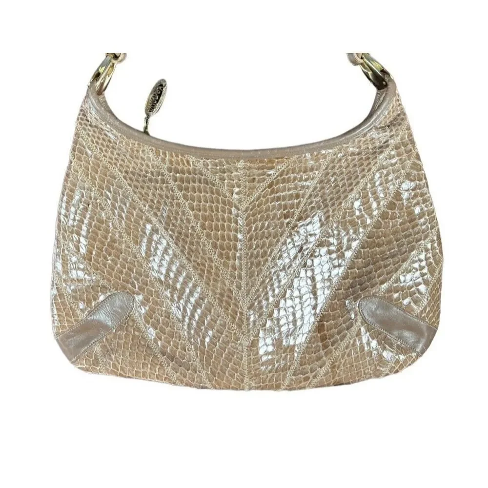 Vintage Venetto Purse Handbag Beige Leather Snake Skin Zip Closure Rare Classic
